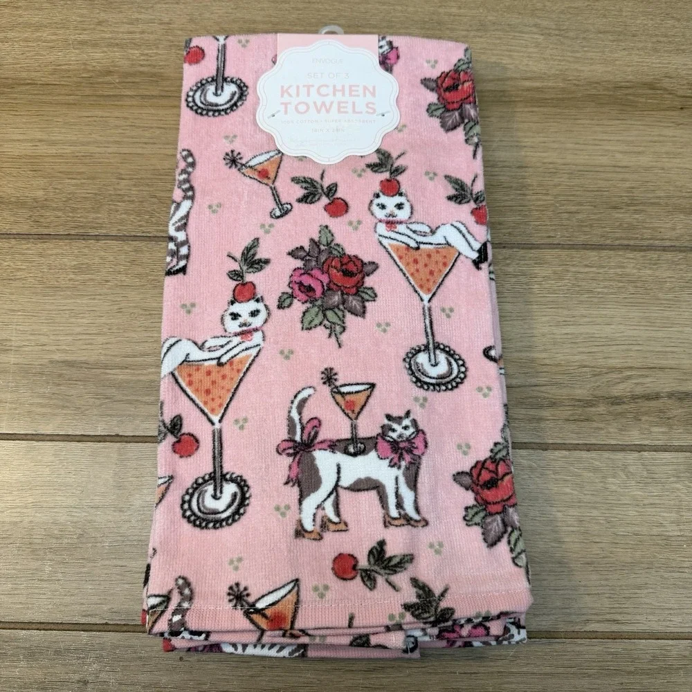 NWT Envogue 3 Pack Kitchen Towels Pink Cats Martini Glasses Floral Whimsical